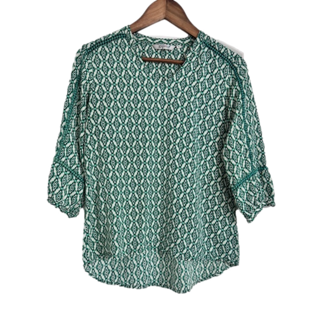 Gipsy Women’s Green & White Print High Low Blouse Size Large
